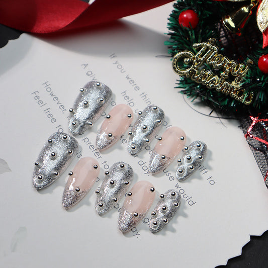 New Nail Beauty Patch Wearing Nail Advanced Autumn and Winter Christmas New Year Atmosphere Flash French Small Steel Ball Fake Nail Stickers