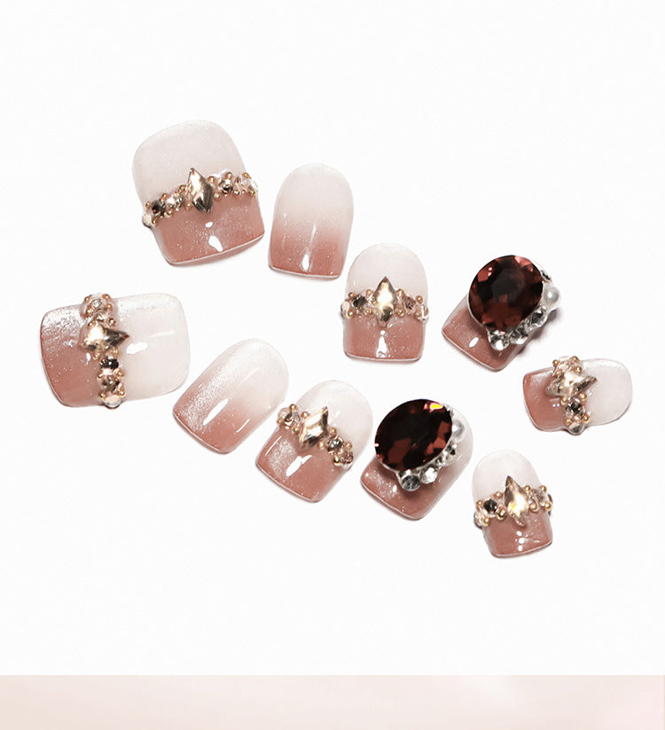 French Style Light Brown Cat's Eye Gradient Manicure Sweet College Style Wear Nail Rhinestone Flash Short Fake Nails Nail Tip