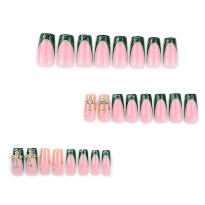 French Green Blooming Manicure Fake Nail Tip Nail Tip Gold Spot Drill Luxury Cross Wear Nail European and American Foreign Trade Nail Tip