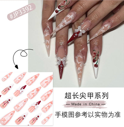 Cherry Pink French Wear Nail Three-Dimensional Bow Manicure Stars Heart Ultra-Long Pointed Wearable Nail Tip