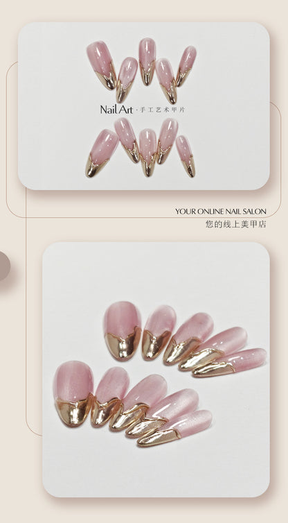 Handmade Wear Armor High-Grade Cat Eye Magic Mirror French Style Old Money Style Nail Stickers Handmade Fake Nail Tip Wholesale