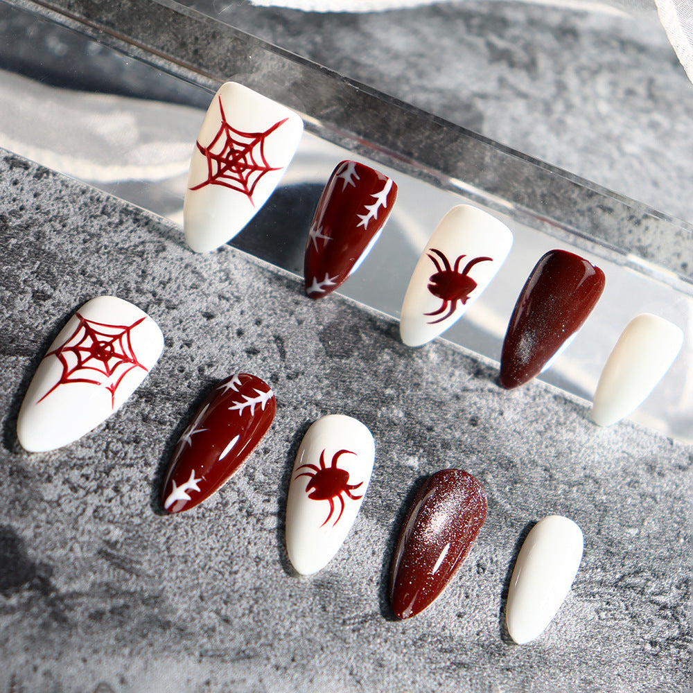 Ins Wind Rock Style Hand-Painted Nail Spider Web Red and White Nail Exclusive for Cross-Border Wholesale