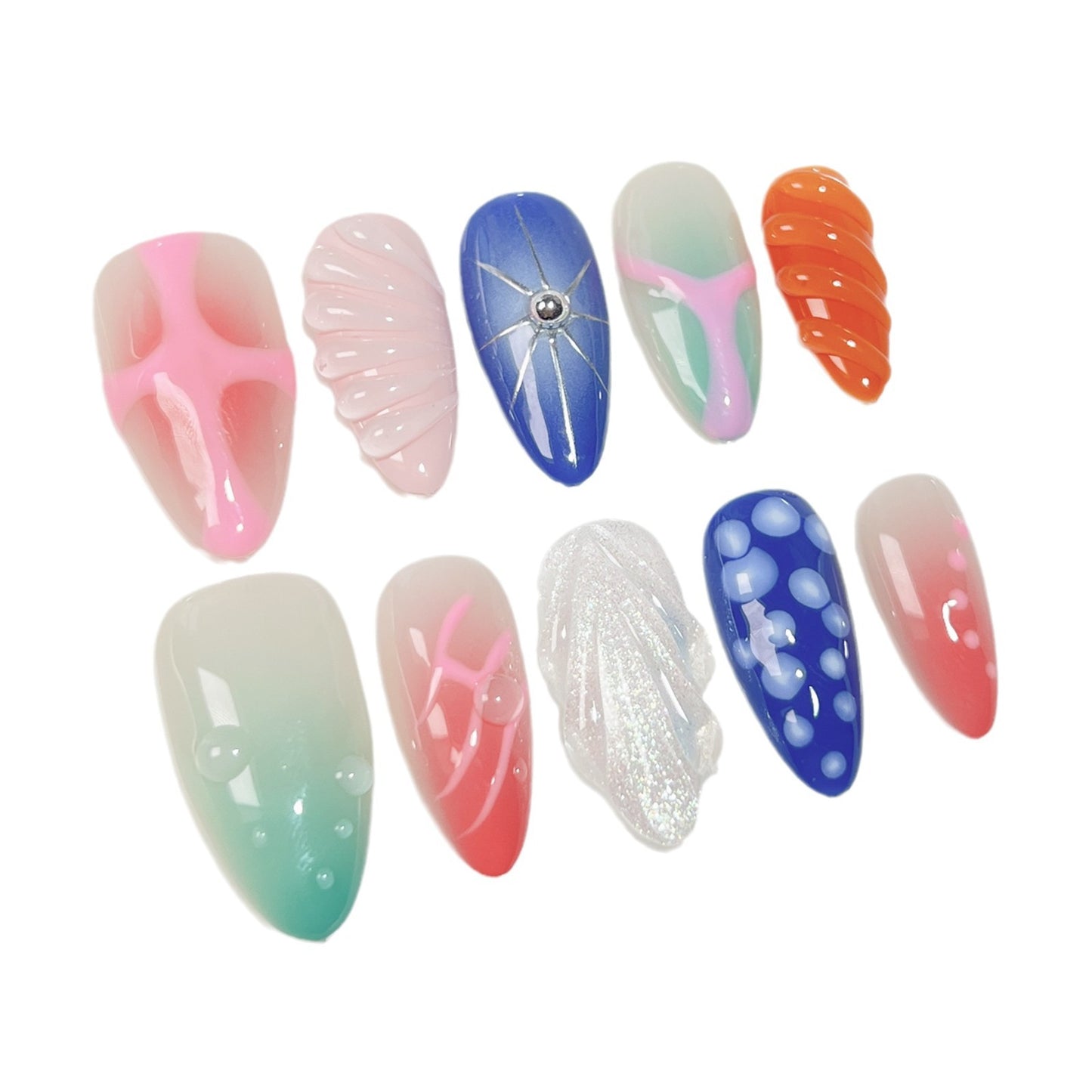 【Dyed Nail】Handmade Wear Nail Dream Sea Fresh and Elegant Gentle Style Cute Style Mid-Length Manicure Almond Nail