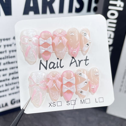 【Dyed Nail】Ballet Shoes Pure Desire Sweet Relief Hand-Painted Bow Hand-Worn Fake Nail Patch