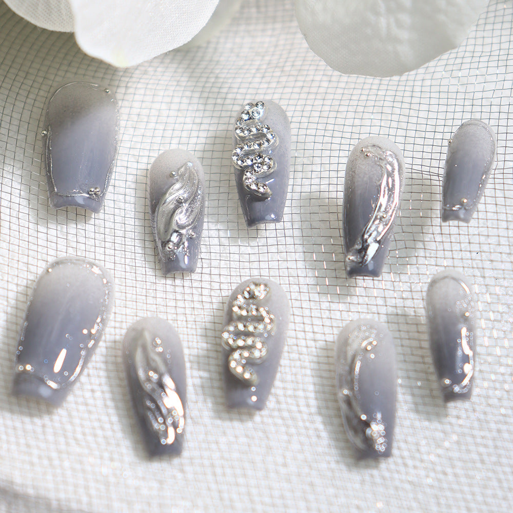 Textured Gray Gradient Wear Nail European and American Ice Snake Advanced Metal Hand Painted Sweet Affordable Luxury Style Handmade Manicure