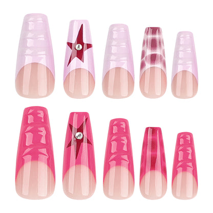 Cross-Border Europe and America3D French Red Wear Armor Long Hot Five-Pointed Star Spot Drill Nail Tips Finished Product Wholesale