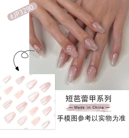 Pink3D Bow Nail Beauty New Short Ballet Nail Patch Xiaohongshu Wind Sweet Wear Nail Piece Wholesale