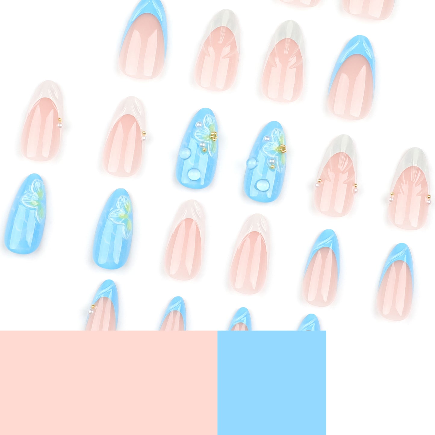 3D Three-Dimensional Shell Water Drop Wear Nail French Blue White Manicure Fake Nails Short Almond Flower Nail Tip