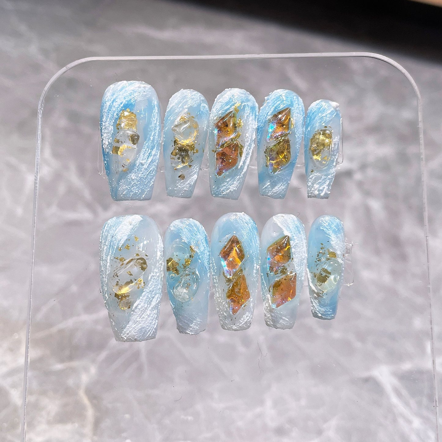 Handmade Wear Armor Blue Blooming Aurora Diamond Mid-Length Nail Stickers Wearable Nail Sticker Fake Nails