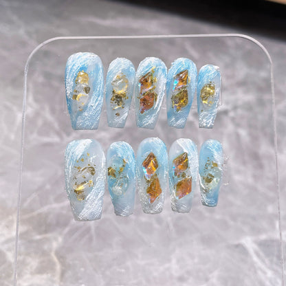 Handmade Wear Armor Blue Blooming Aurora Diamond Mid-Length Nail Stickers Wearable Nail Sticker Fake Nails