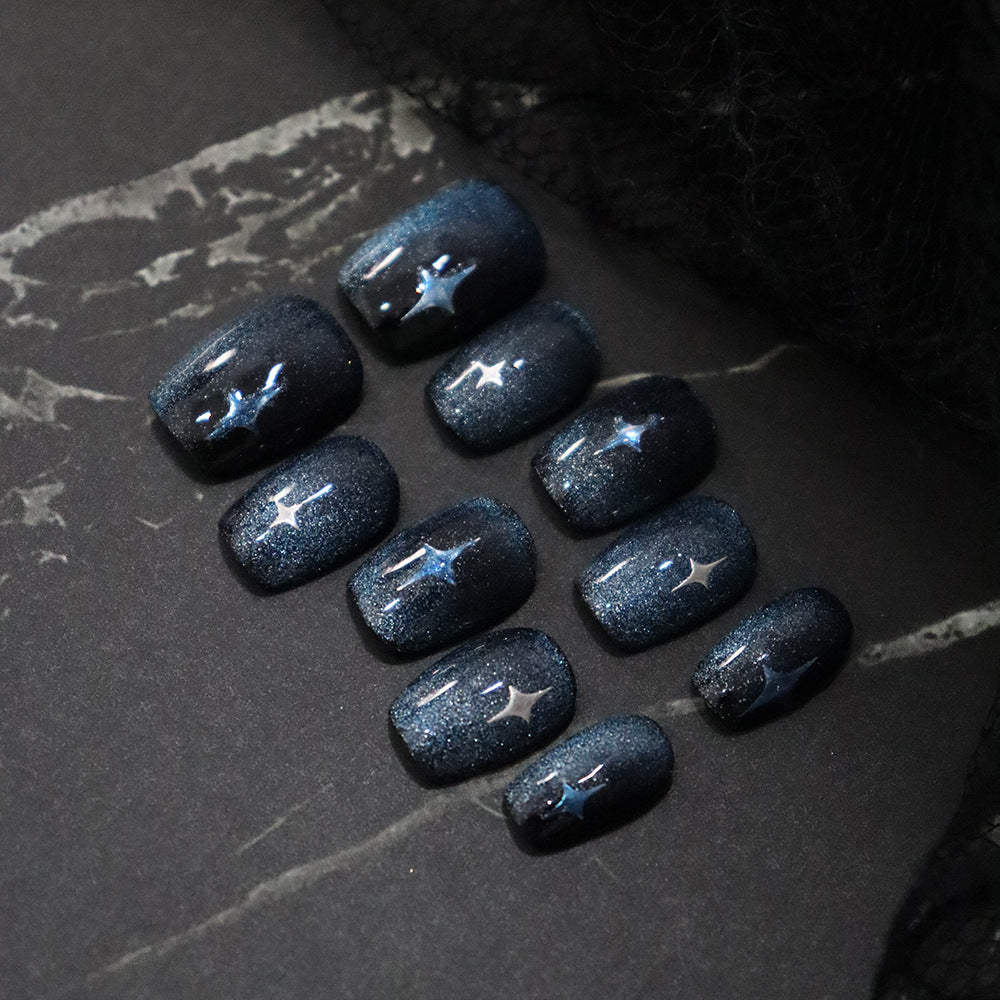 Short Ballet Hand-Worn Armour Night Sky Cat Eye XINGX Nail Stickers European and American Sweet Cool Rock Sky Blue Fake Nails