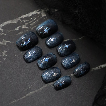 Short Ballet Hand-Worn Armour Night Sky Cat Eye XINGX Nail Stickers European and American Sweet Cool Rock Sky Blue Fake Nails