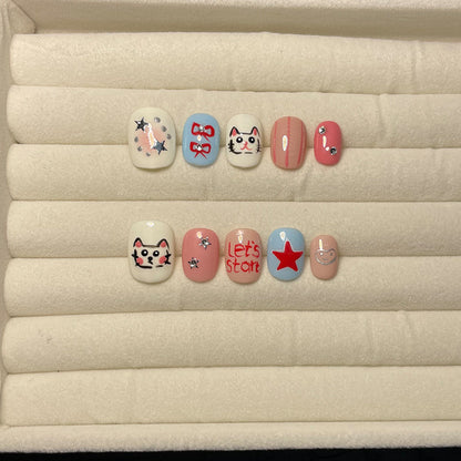 Handmade Wear Nail Cute Hand Painted Hello Kitty Short round Bean Nail Girl Cartoon Hand Painted kitty Nail stickers