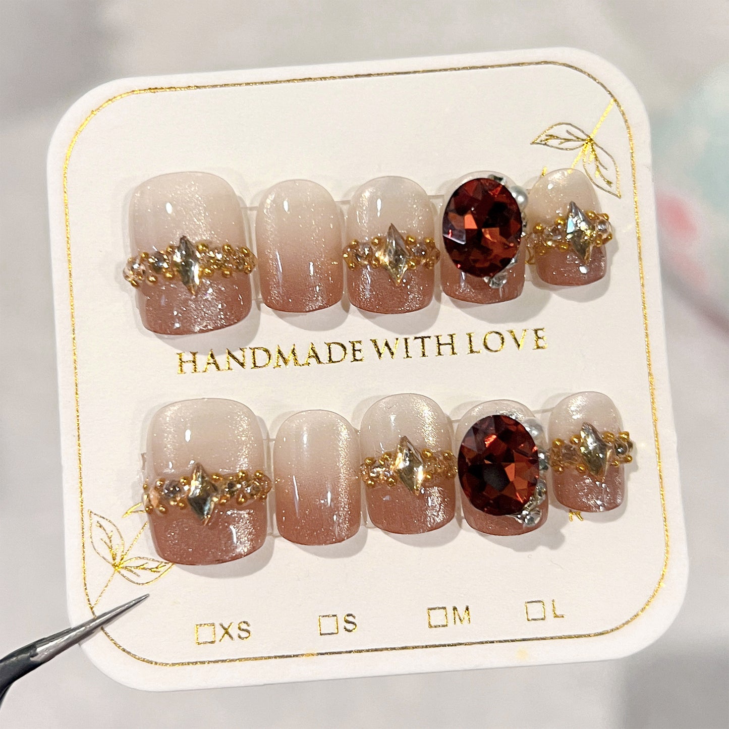 French Style Light Brown Cat's Eye Gradient Manicure Sweet College Style Wear Nail Rhinestone Flash Short Fake Nails Nail Tip