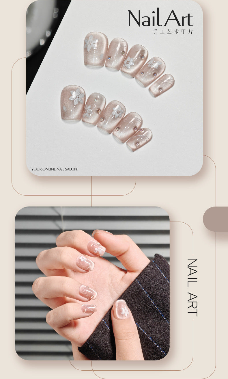 Handmade Wear Nail Cat Eye Short Nail Stickers Cute White Hand-Made Texture Fake Nail Tip Advanced Batch