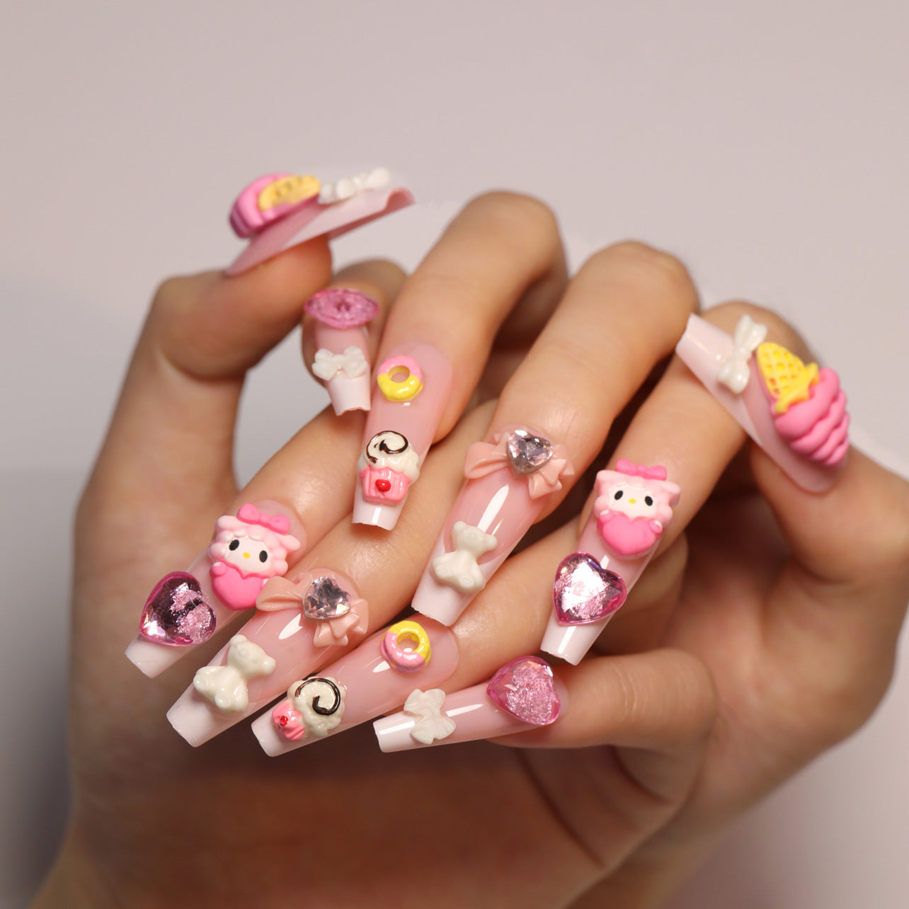 Sweet Cartoon Pink Nail Art Cone Ice Cream Wear Nail Three-Dimensional Bow Nail Tip Love Heart Rhinestone Fake Nails