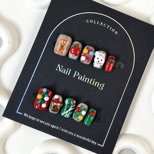 Christmas Style Handmade Pinch Christmas Tree Hand Painted Wear Nail Tip High Sense Nail Stickers Cross-Border Short Snowman