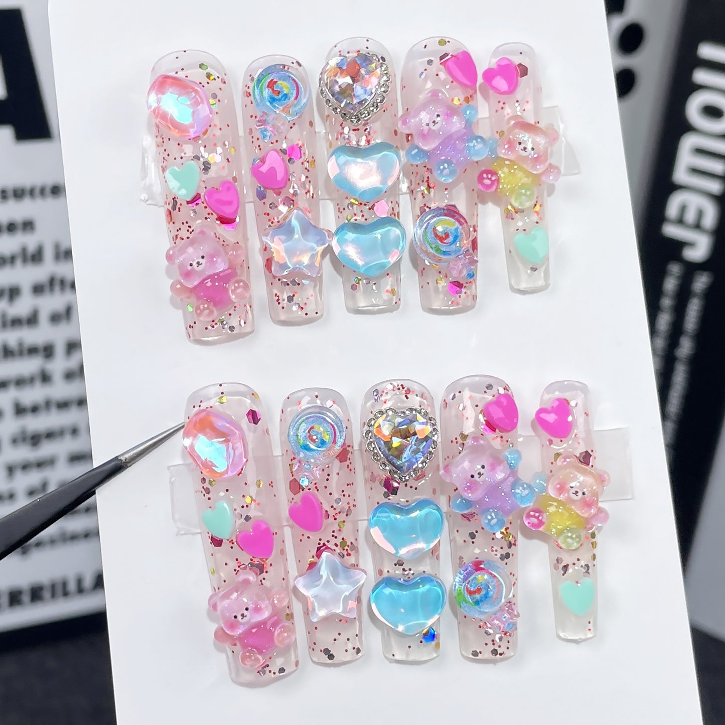 European and American Mid-Length Water Pipe Nail Stickers Flash Ice Transparent Hot Girl Hand-Worn Armor Cross-Border Export Fake Nails Wholesale