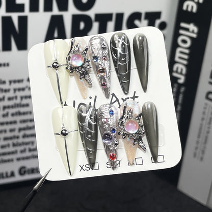 European and American Hot Girl Long Tip Nail Stickers Hand-Painted Metal Shape Hand-Worn Nail Wearable Nail Sticker Wholesale