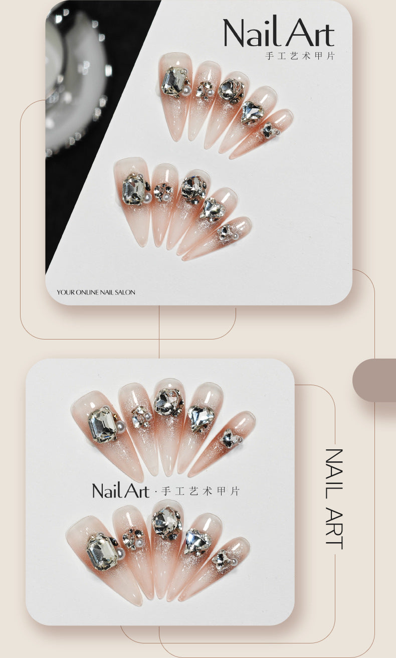 Handmade Wear Armor High-Grade Cat Eye Rhinestone Pearl Brandy Handmade Nail Stickers Fake Nail Tip Wholesale