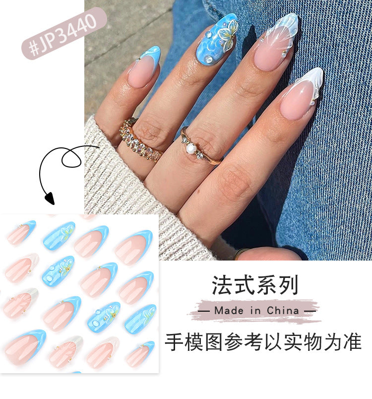 3D Three-Dimensional Shell Water Drop Wear Nail French Blue White Manicure Fake Nails Short Almond Flower Nail Tip