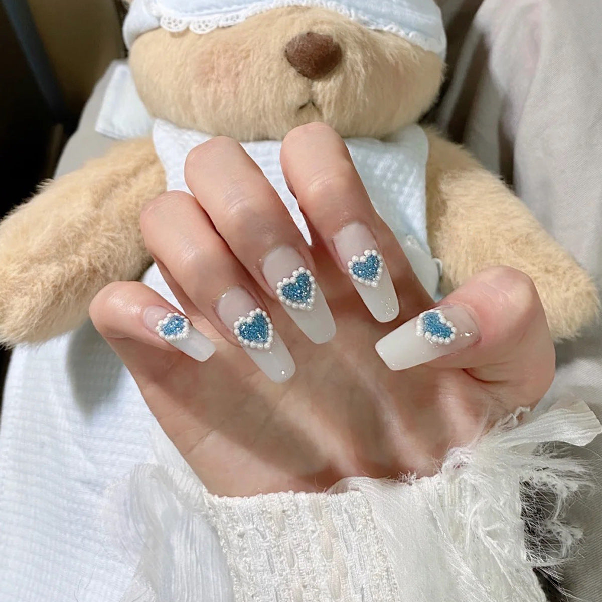 Glitter Blue Heart Full of Pearls Wear Finished Nail Beauty Fake Nails Nail Stickers Nail Patch Removable Nail Tip