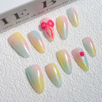 Gradient Macaron Hand Pinch Three-Dimensional Bow Almond Nail Hand Wear Armor College Student Nail Stickers Cute