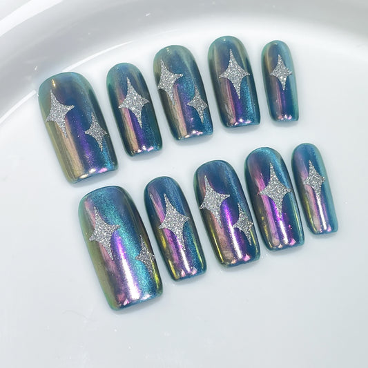 European and American Medium Rectangular Nail Stickers Colorful Color-Changing Aurora Armor Sweet Cool Handmade Wear Armor Wearable Nail Sticker