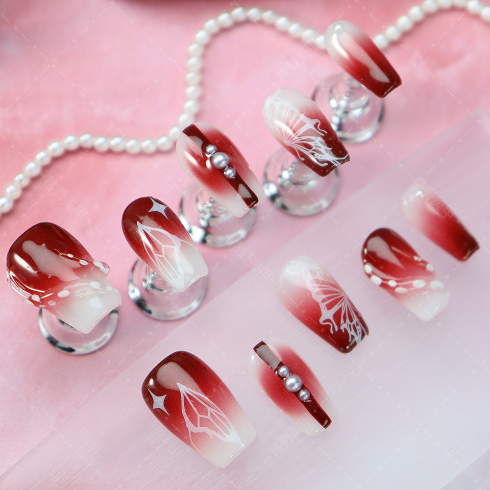 Hot Selling Wear Armor European and American Style Blooming Gradient Wine Red White Wedding Dress Bride Nail Pile of Beads Butterfly Detachable