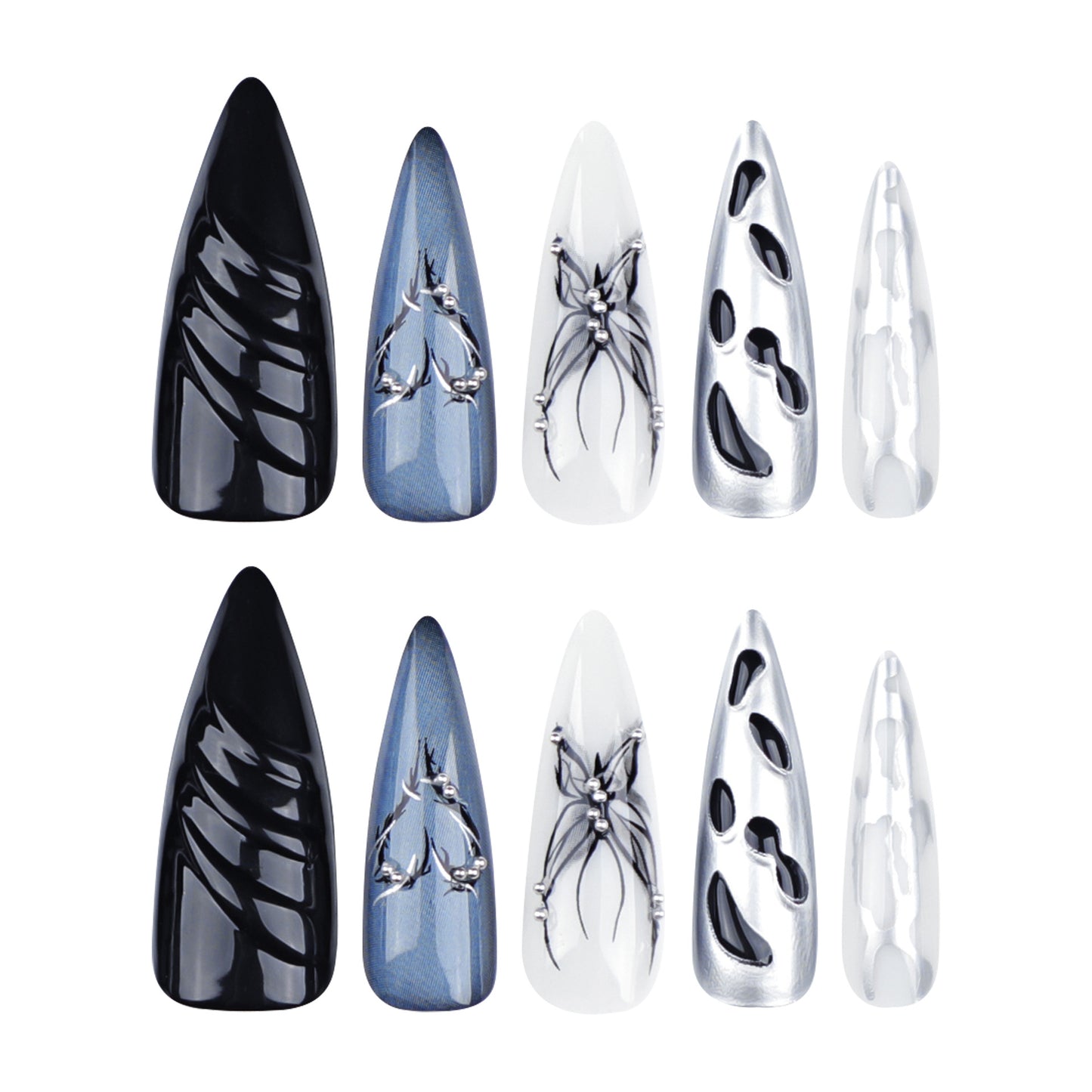 3D Three-Dimensional Water Ripple Wear Nail Cool Super Long Pointed Nail Piece Europe and America Cross Border Butterfly Hot Silver Fake Nails