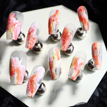 Peach Iced Tea Three-Dimensional Plaster Painted Wear Nail Sweet Thin and Glittering Spring New Handmade Wear Nail Patch