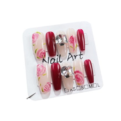 Autumn and Winter New Hand-Painted Rose Hand-Worn Armor Simple Pile Rhinestone Advanced Nail Stickers Wearable Nail Sticker