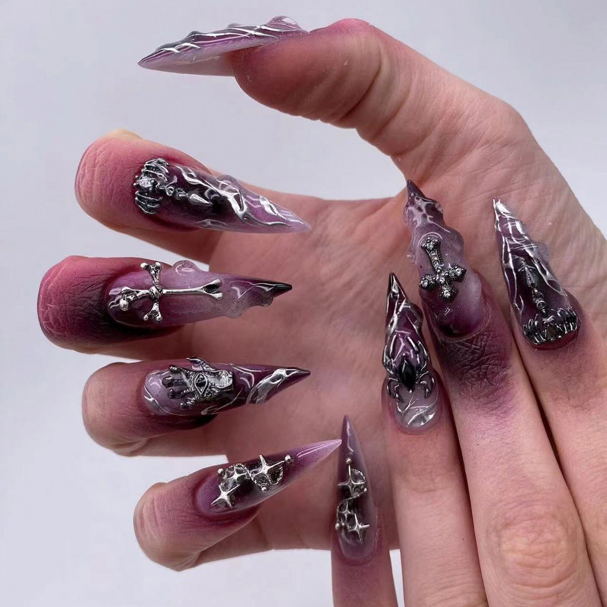 Halloween Cool Wear Nail French Flame Cross Manicure Purple Smudges Spider Nail Tip Finished Product Wholesale