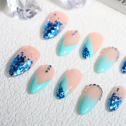 Factory Wear Nail Tip High-Grade Summer Flash Almond Blue Broken Brick Glitter Pink Hot Girl French One Piece Dropshipping