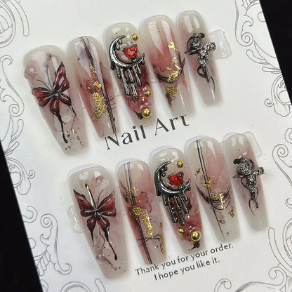 Cross-Border New Arrival Autumn and Winter Handmade Wear Nail Dark Red Hot Girl Three-Dimensional Butterfly Personality Finished Product Removable Nail Sticker