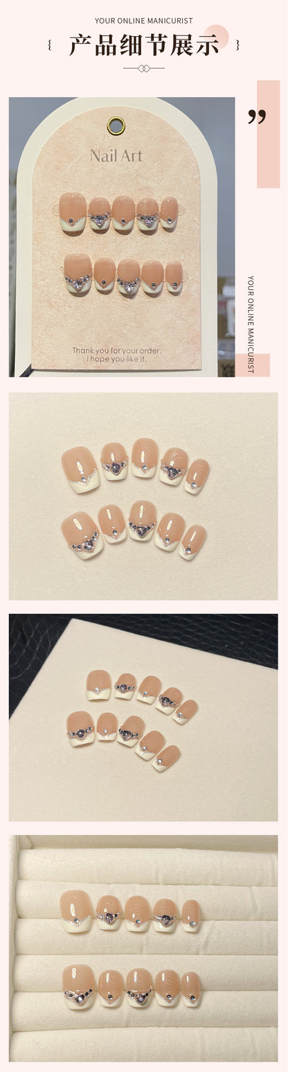 Handmade Wear Armor Short French Love Diamond Pure Want to Show White Light Luxury Flash Wear Nail Phototherapy Nail Stickers