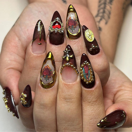 European and American Wear Nail Relief Cross Nail Art Virgin Portrait Nail Art Piece Love Gem Dark Brown Nail Tip Wholesale