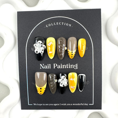 Handmade Pinch Petals Style Almond Nail Hand Painted Wear Nail Tip High Sense Summer Nail Stickers Cross-Border