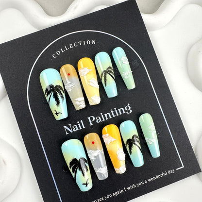 Hand Painted Sunset Coconut Nail Stickers Wear Nail Tip High Sense Summer Europe and America Cross Border Straight Hair Handmade Pure Summer