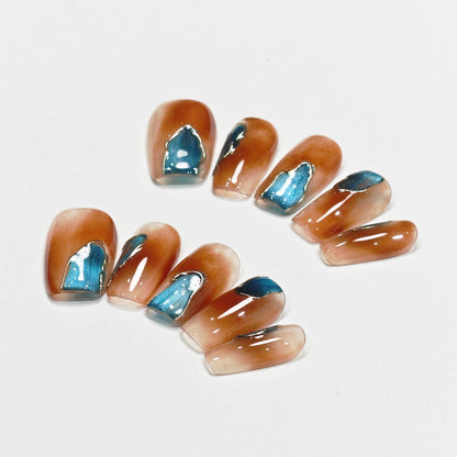 Handmade Wear Armor Autumn and Winter Maillard Amber Peacock Blue Cat Eye White Nail Stickers Handmade Fake Nail Tip