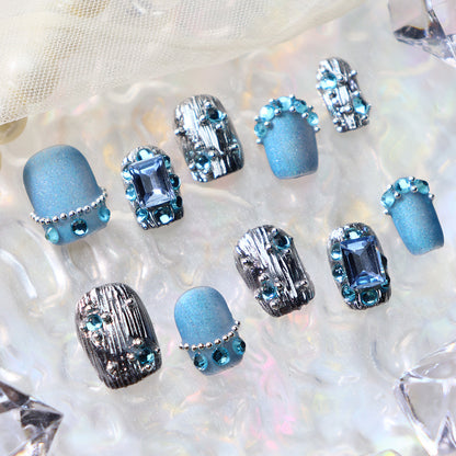 Hot Sale Nail Stickers European and American Colorful Crystals Light Luxury Pile Rhinestone Short Nail Finished Retro Heavy Industry Sapphire Hand-Worn Nail