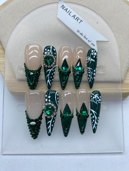 European and American Style Hot Selling Long Pointed Hand-Worn Armor Emerald French Style Full Diamond High-Grade White Manicure