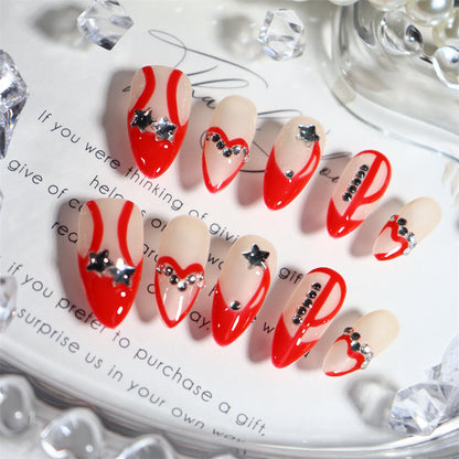 Korean Style Y2K Hot Girl Hand-Painted Hand-Worn Nail Love Red Two-Dimensional French Finished Manicure Fake Nail Tip