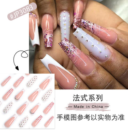 New French Style White Edge Sequins Manicure Full Diamond Diamond-Embedded Wear Nail Polish Piece White Curve Line Nail Sticker Wholesale