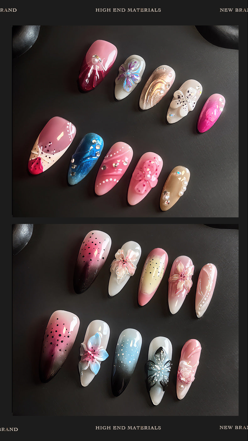 Hot Selling in Europe and America3D Three-Dimensional Carved Almond Nail Pure Hand-Worn Nail Piece