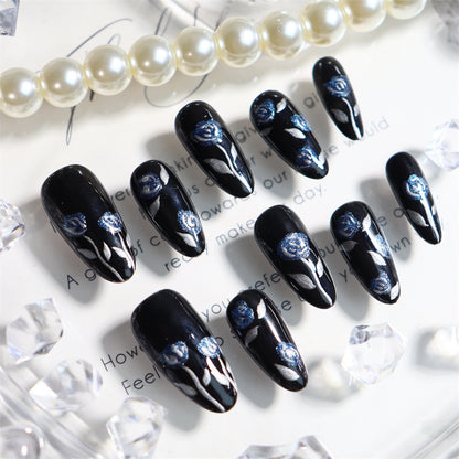 New Dark Night Rose Hand-Painted Elegant Hand-Worn Armor Black Oval Dark Knight Fake Nail Tip UV Nail Beauty