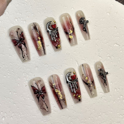 Cross-Border New Arrival Autumn and Winter Handmade Wear Nail Dark Red Hot Girl Three-Dimensional Butterfly Personality Finished Product Removable Nail Sticker