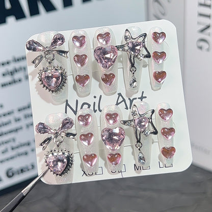 【Dyed Nail】Handmade Wear Nail Heartbeat Signal Cute Sweet Girlish Long Nail Stickers Fake Nails