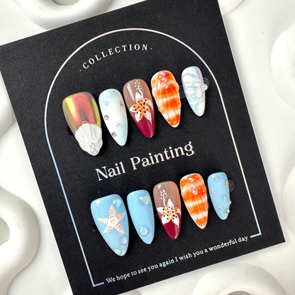 Sunset Shell Nail Stickers Wear Nail Tip High Sense Summer Europe and America Cross Border Straight Hair Handmade Pure Summer Hand Painted