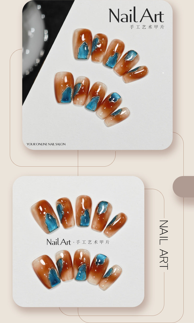 Handmade Wear Armor Autumn and Winter Maillard Amber Peacock Blue Cat Eye White Nail Stickers Handmade Fake Nail Tip